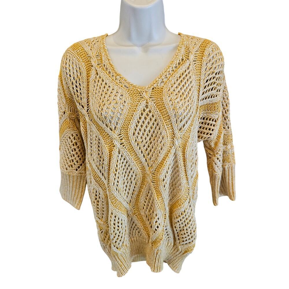 Bke knit cottagecore grandma sweater gold yellow diamonds 1/2 sleeve winter XS